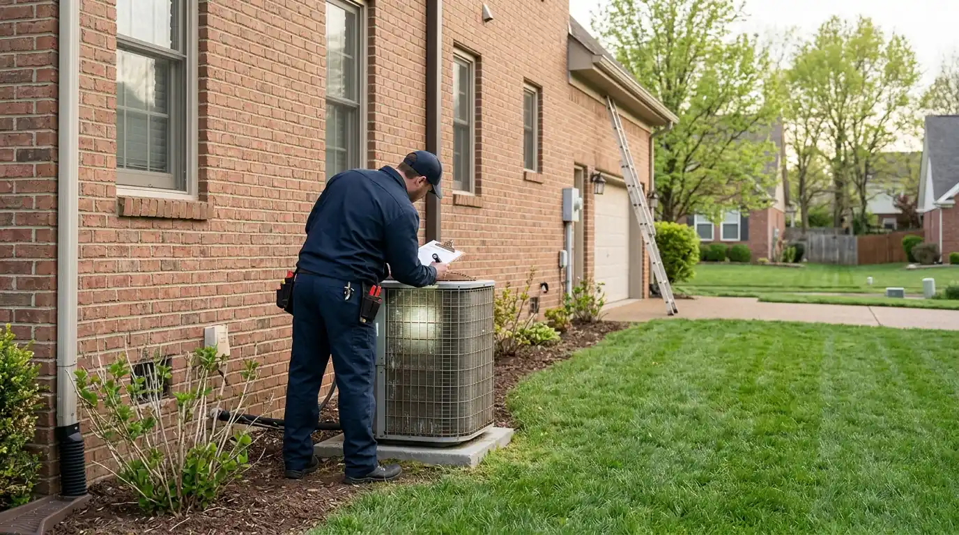 Technician checking an AC data plate at a home for sale