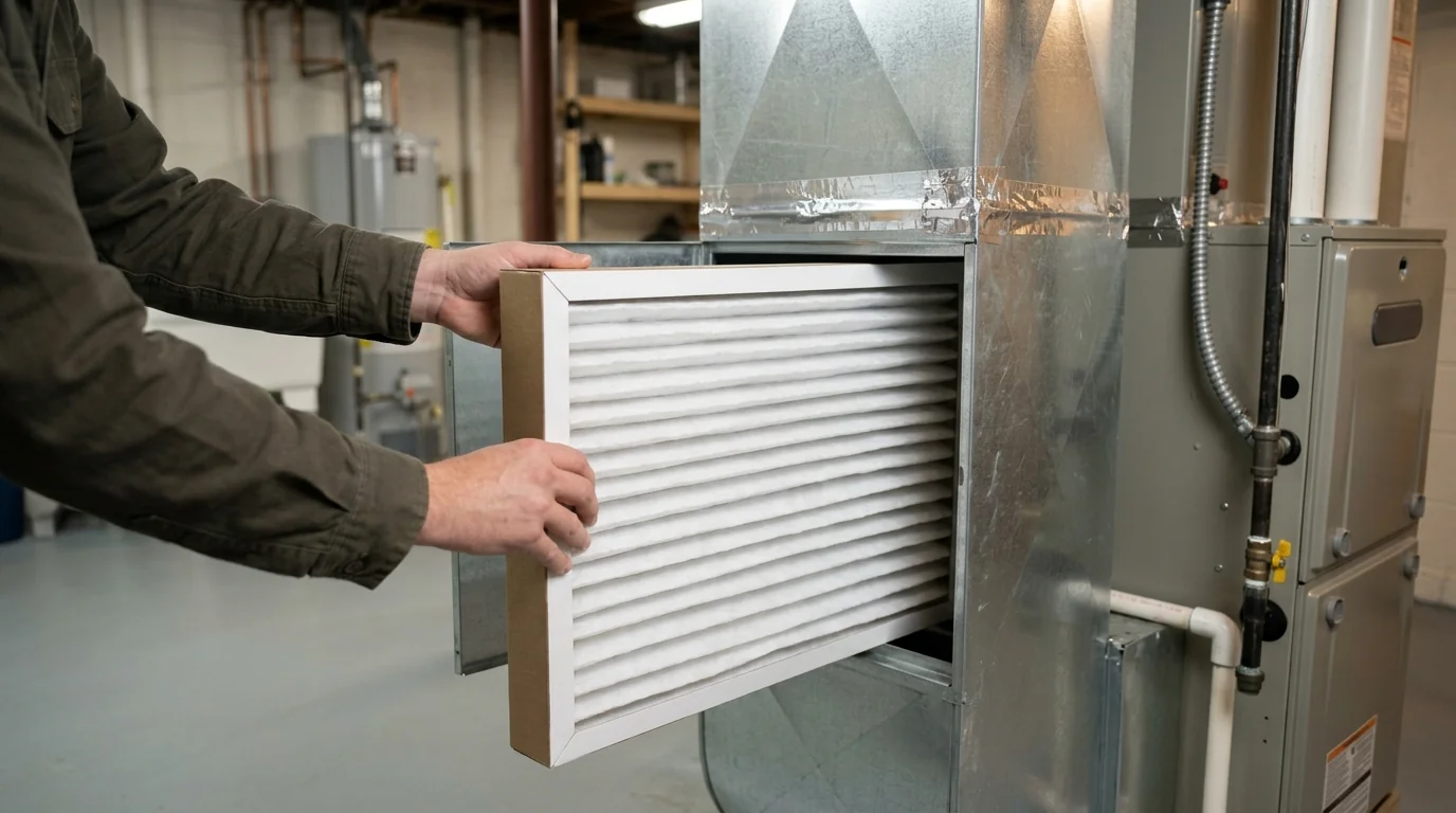 Thick media air filter being installed in a furnace filter cabinet