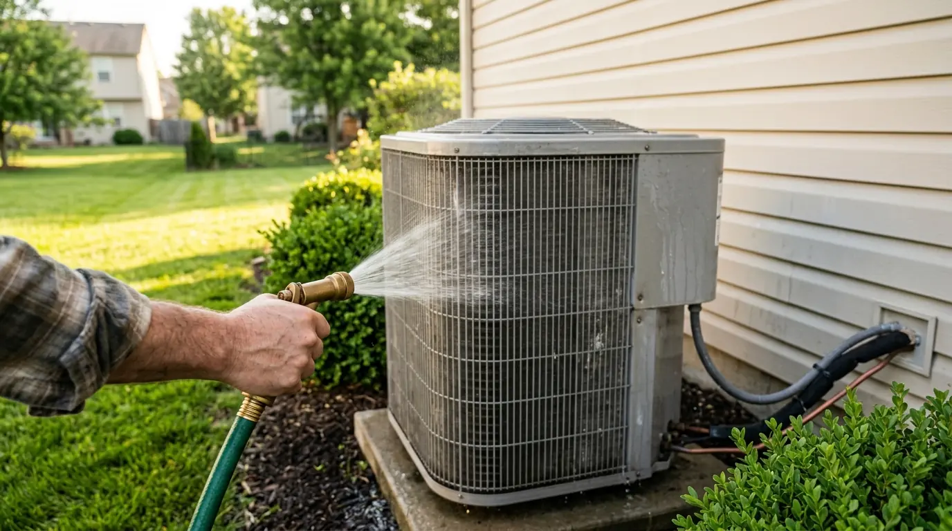 Garden hose rinsing pollen off an outdoor air conditioner in spring