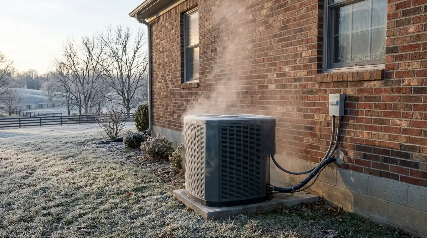 Heat pump outdoor unit releasing steam during defrost on a frosty morning