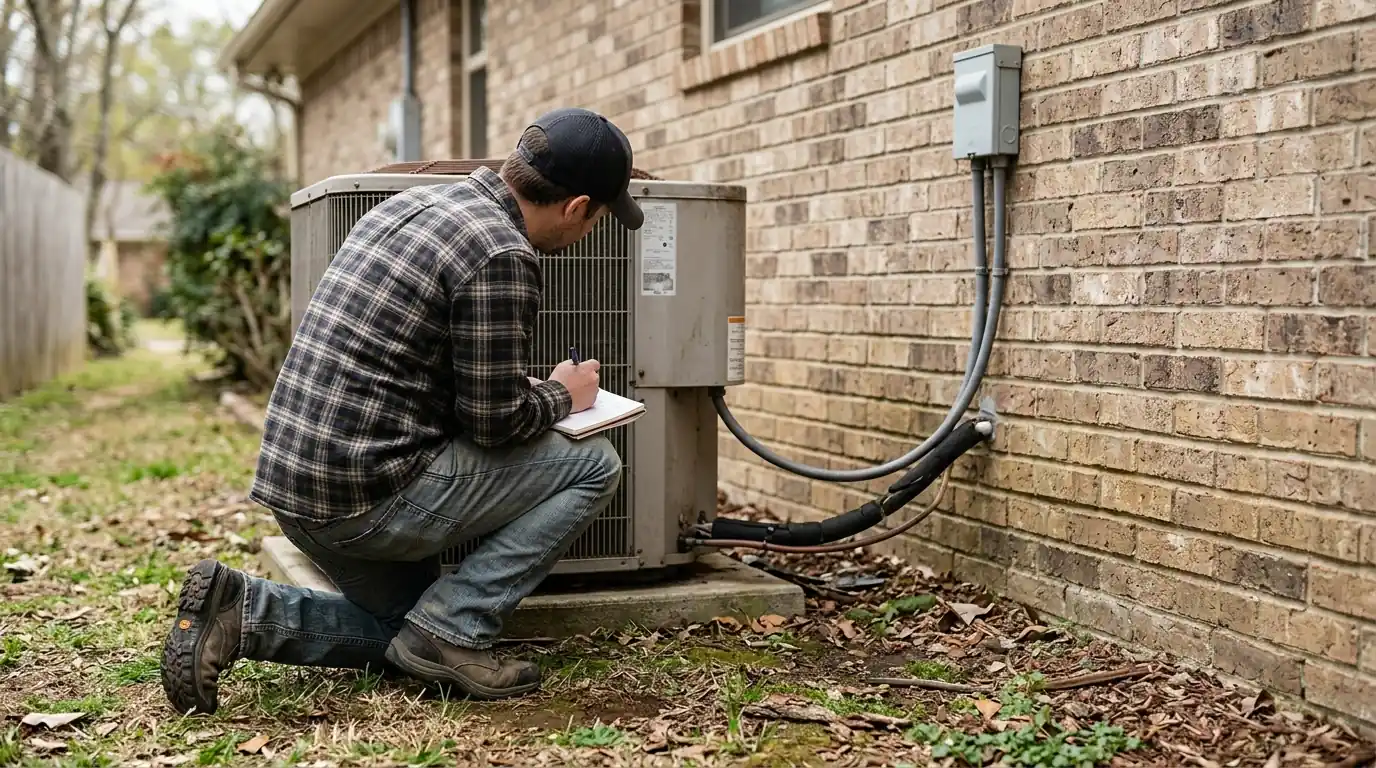 Homeowner reading an outdoor unit nameplate