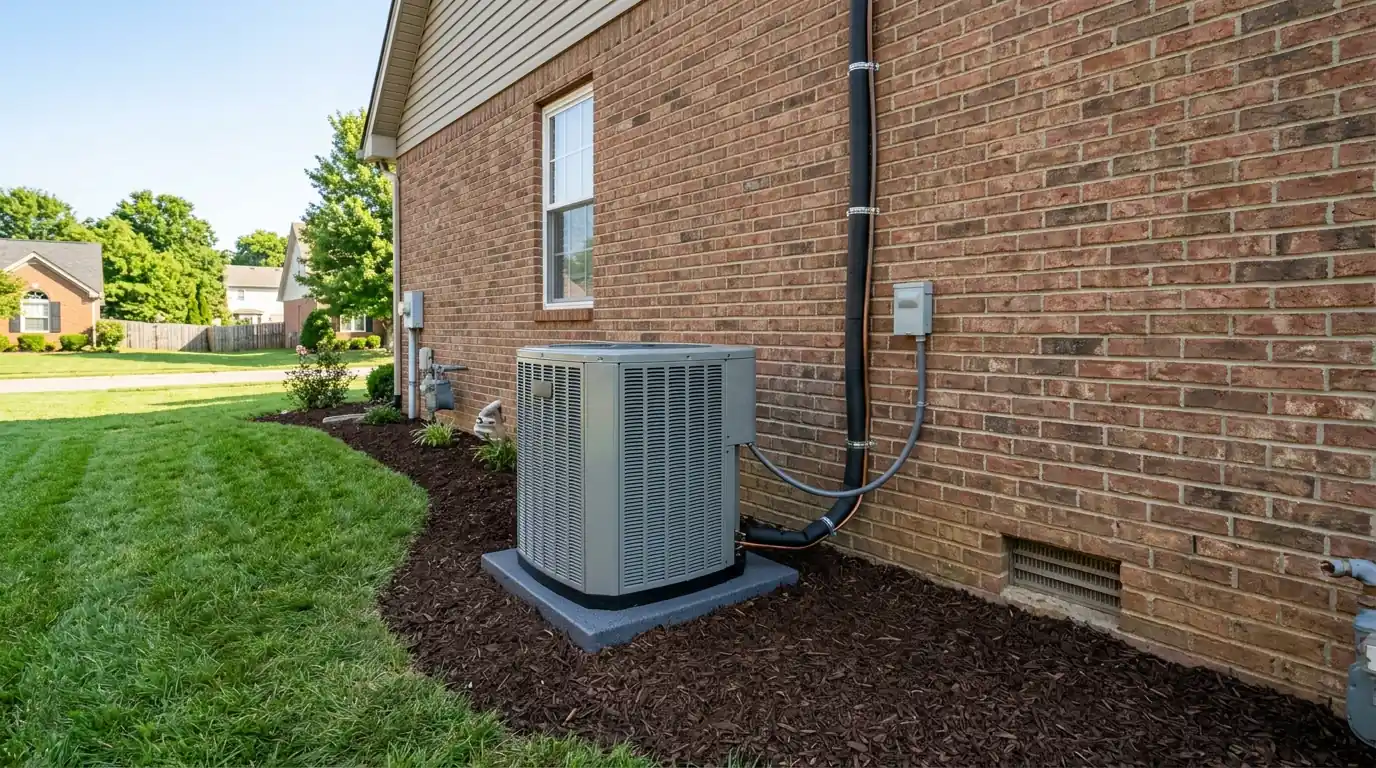 Newly installed central air condenser beside a two-story Lexington home