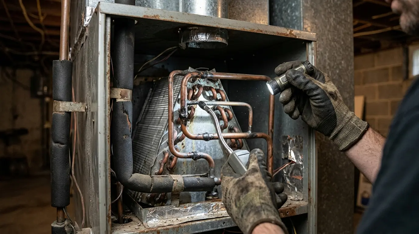 Technician checking an indoor coil with an electronic leak detector