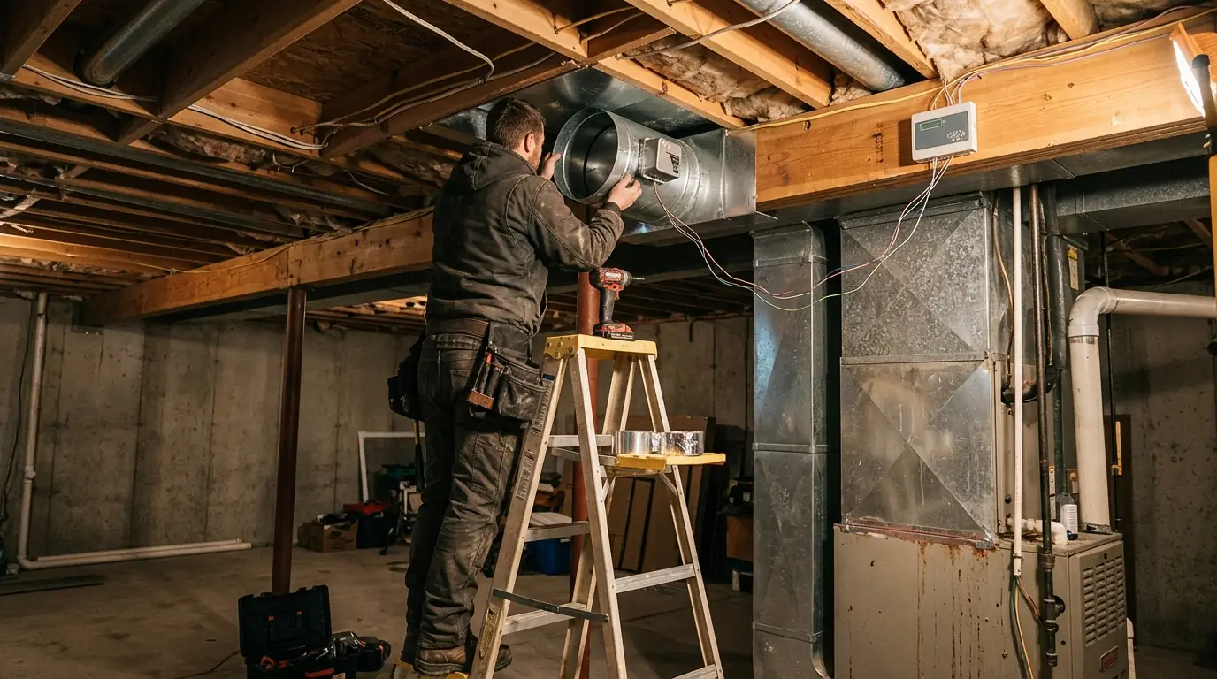 Technician installing a motorized zone damper in basement ductwork