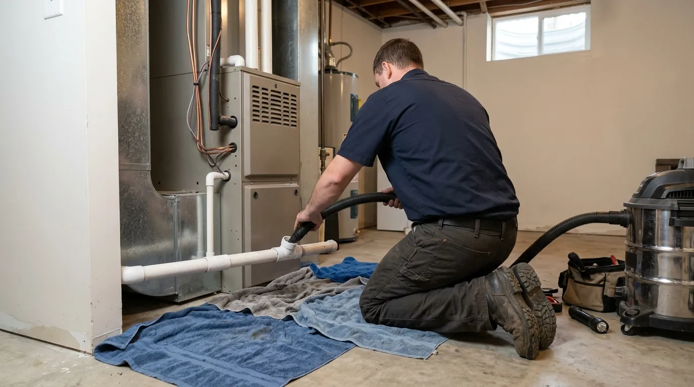 Technician clearing a clogged AC condensate drain line in a basement
