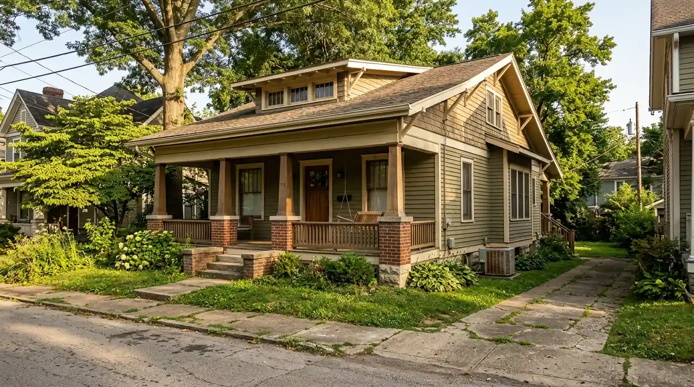 Craftsman bungalow with a side-yard air conditioner on a summer afternoon