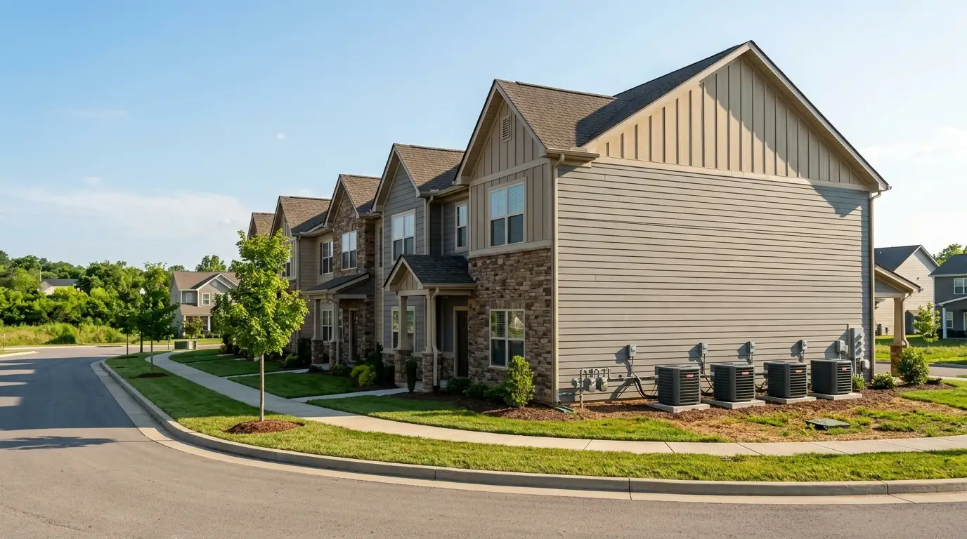 Newer townhomes with a row of heat pump outdoor units