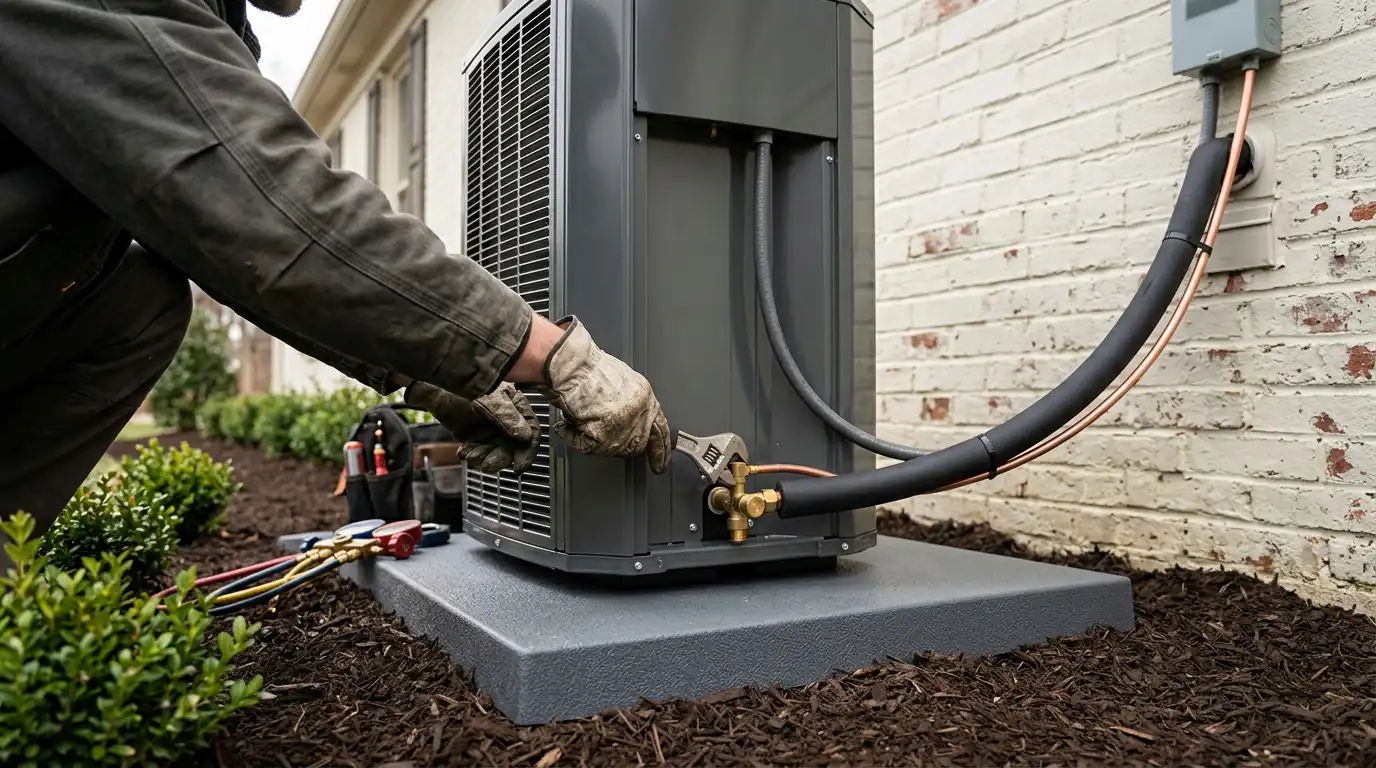 New heat pump on a raised pad beside a brick Lexington home