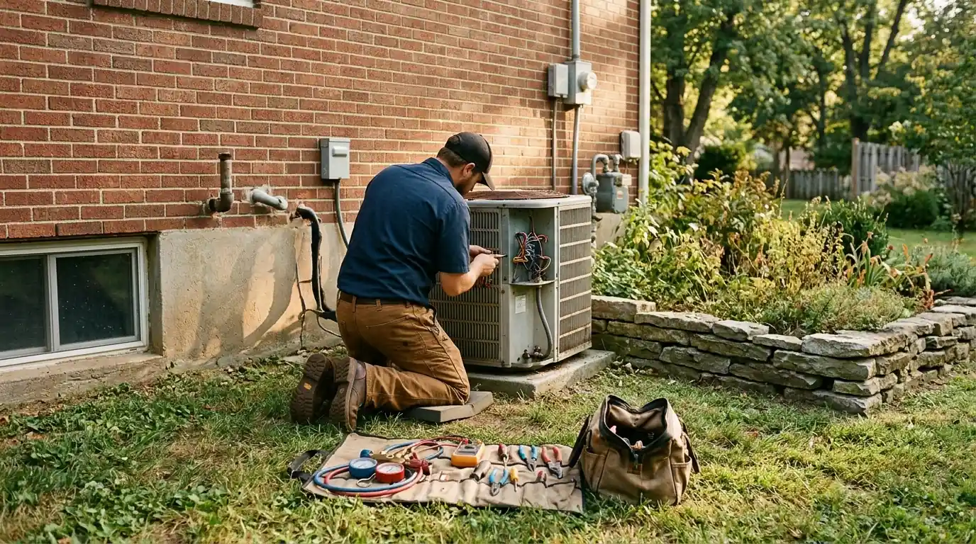 Technician checking an outdoor AC condenser beside a brick ranch house