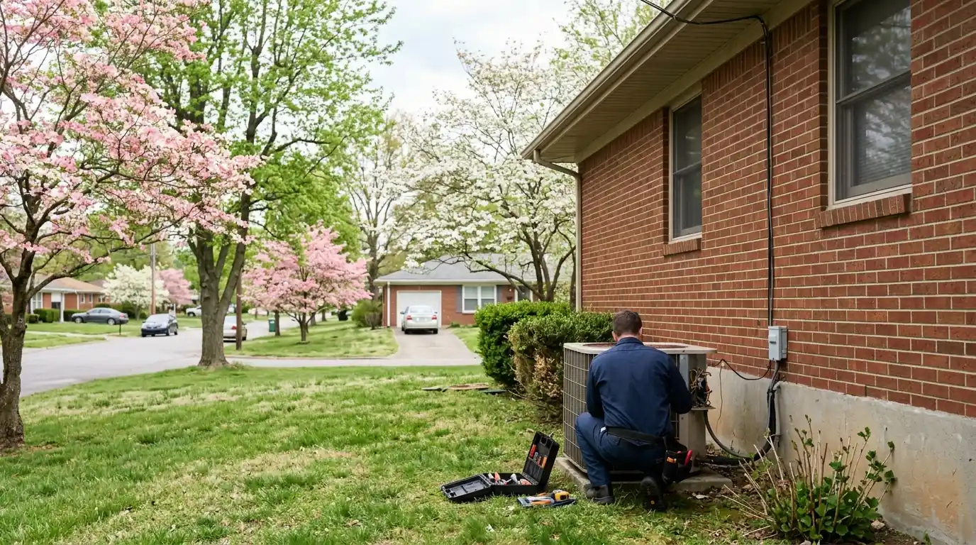 One-story brick ranch in Garden Springs with an air conditioner beside it