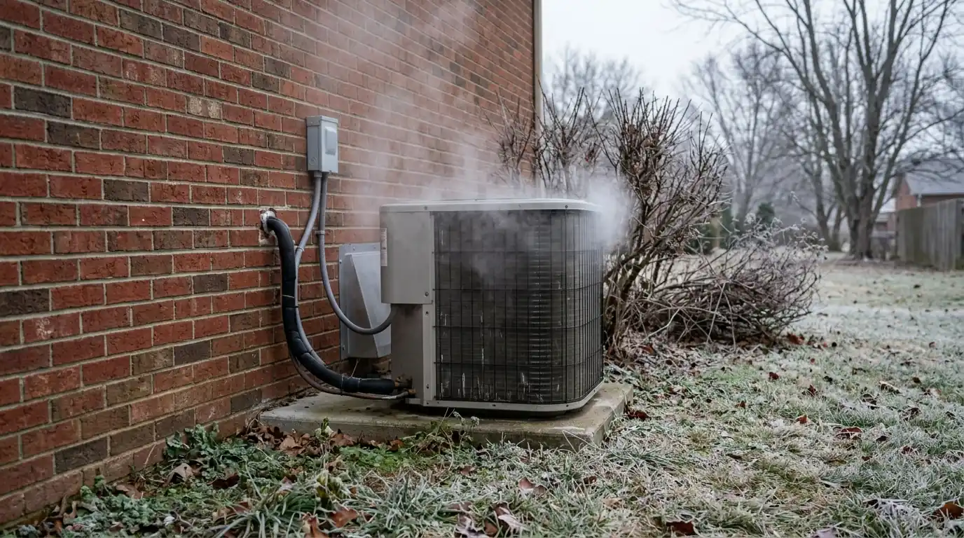 Steam rising from an outdoor heat pump during a winter defrost cycle