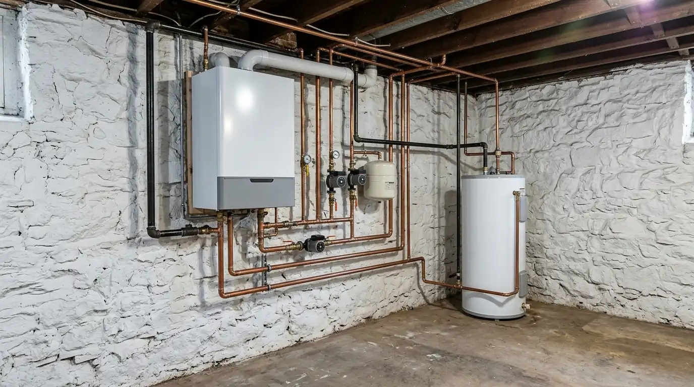 New wall-hung condensing boiler and indirect water heater in a basement