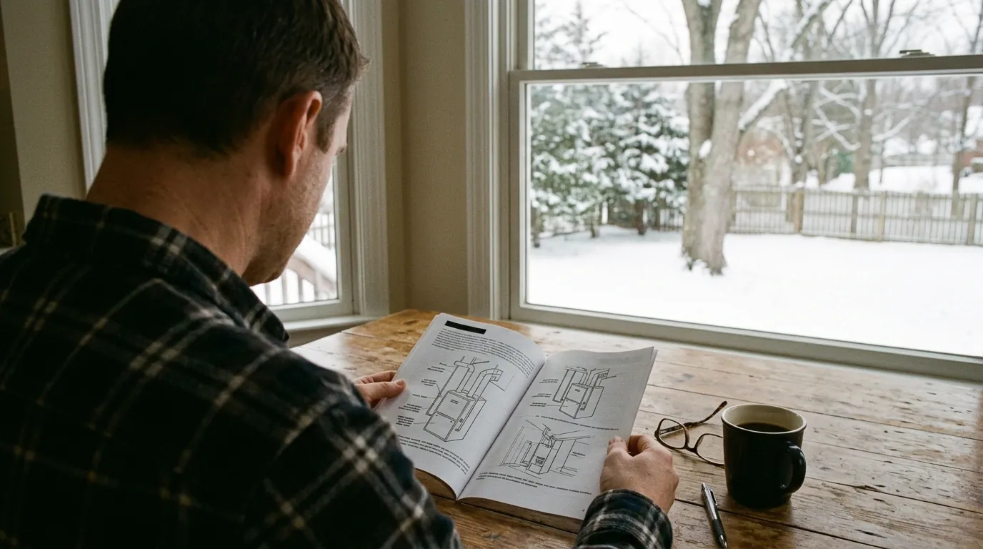 Homeowner reading a furnace manual at a kitchen table
