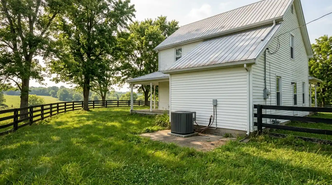 Heat pump outdoor unit beside a rural two-story farmhouse in summer