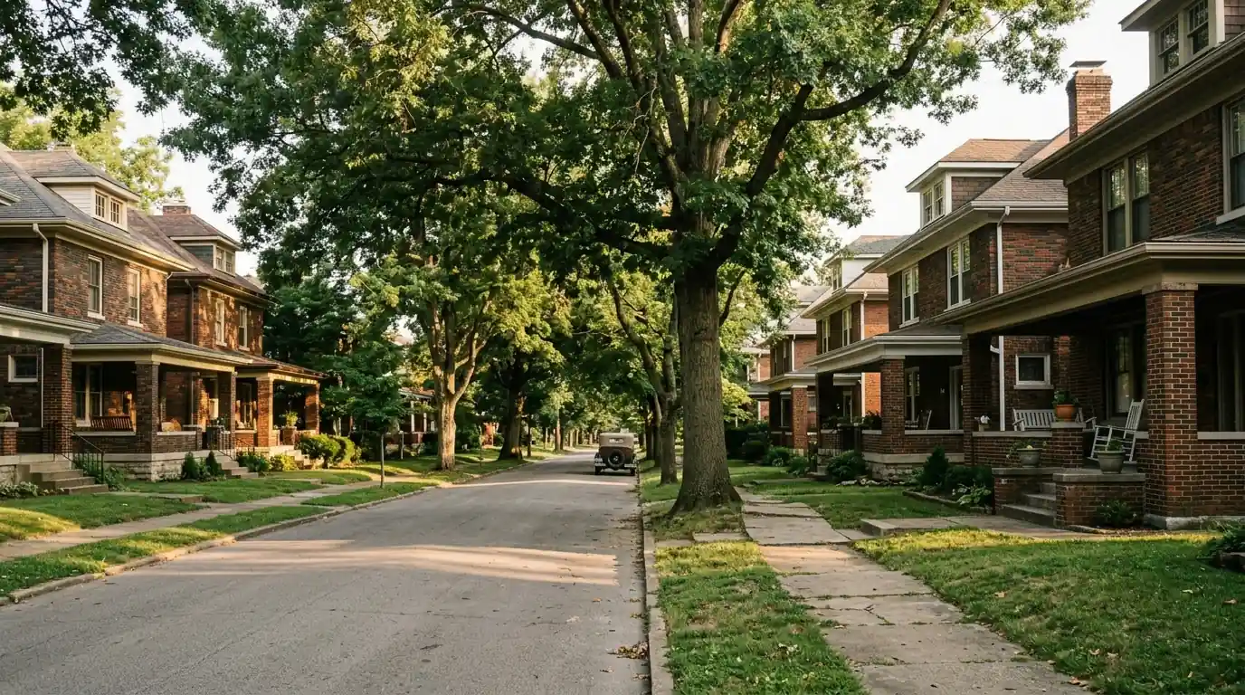 Street of 1920s brick houses with deep porches