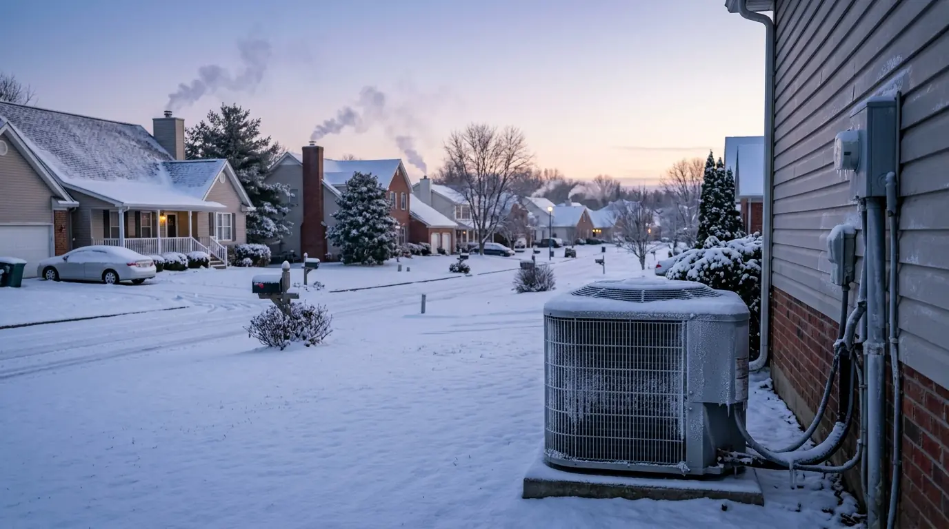 Snowy neighborhood street at dawn with a frosted heat pump