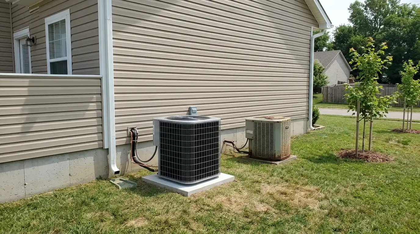 New and old air conditioning condensers beside a two-story suburban home