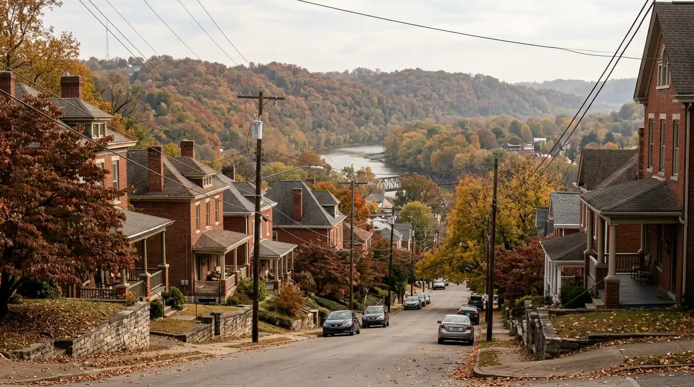 Older brick homes on a hillside above a river valley