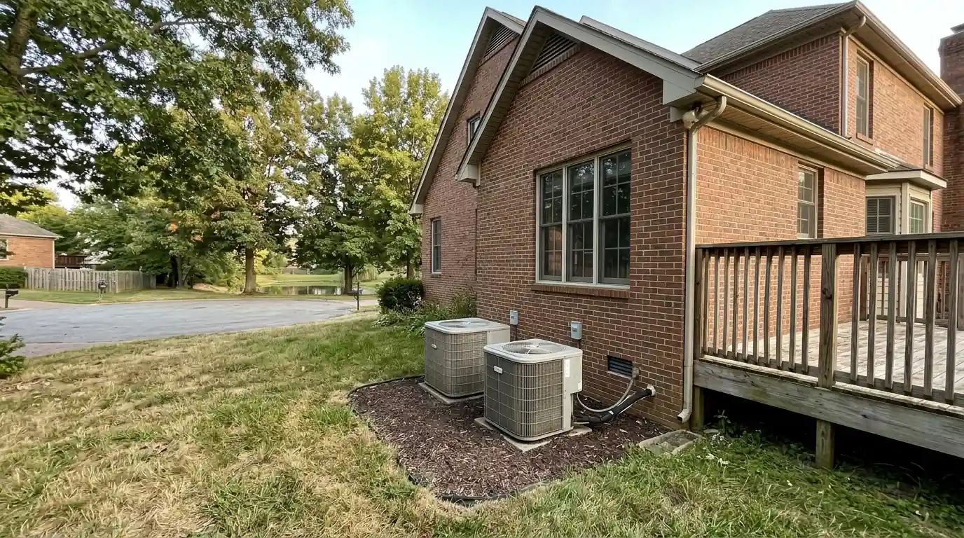 Brick two-story home with two outdoor air conditioning units beside the deck