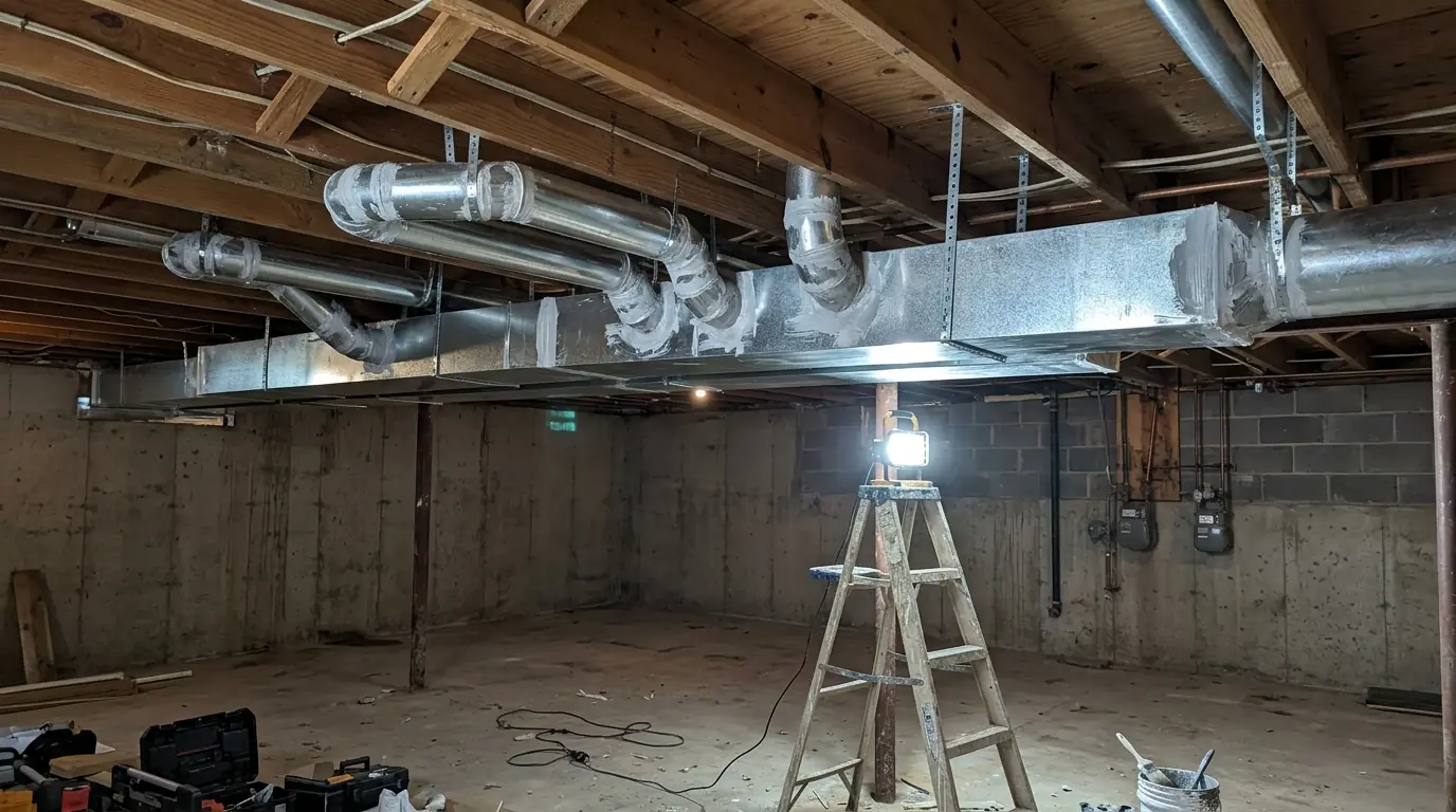New sheet metal duct trunk and branches installed in a basement