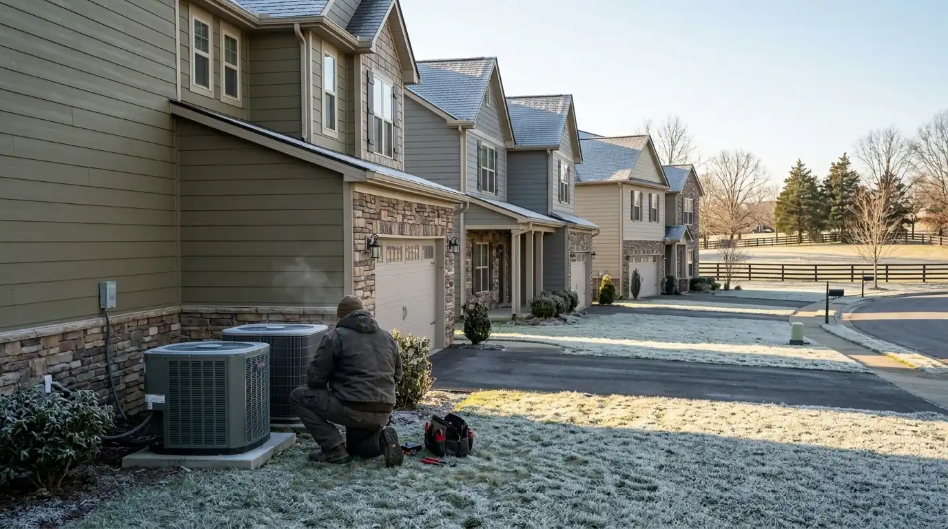 Newer two-story homes in Masterson Station with heat pumps on frosty pads