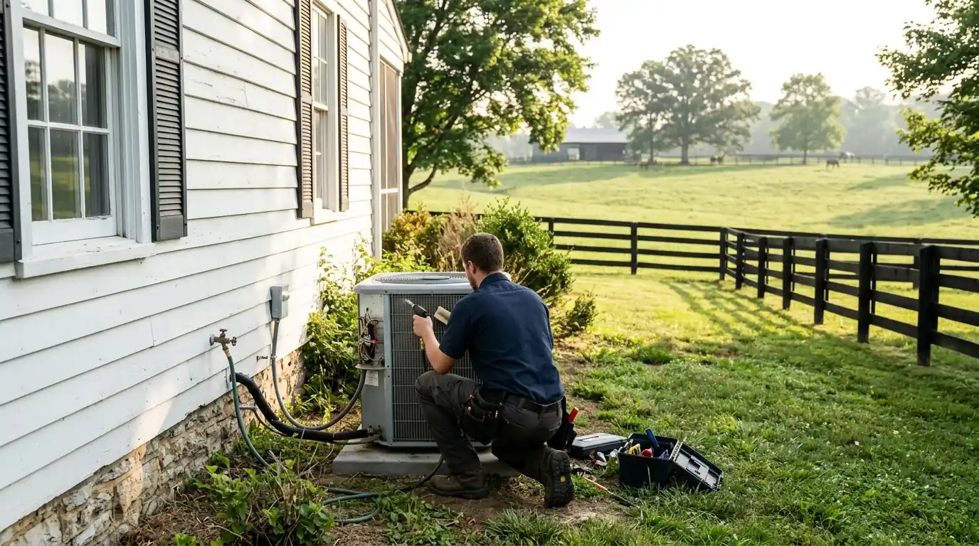 Technician cleaning an AC coil beside a farmhouse near horse pastures