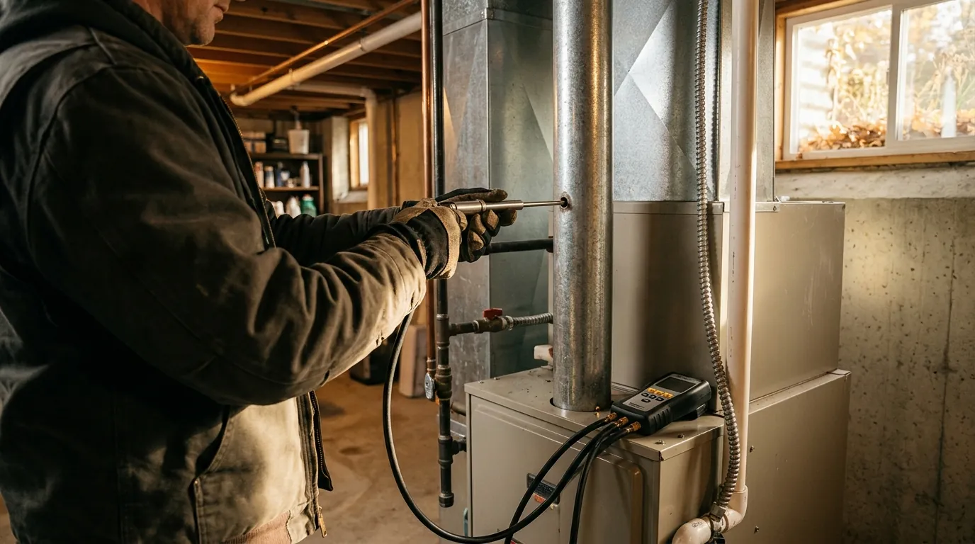 Technician measuring combustion readings during a furnace tune-up