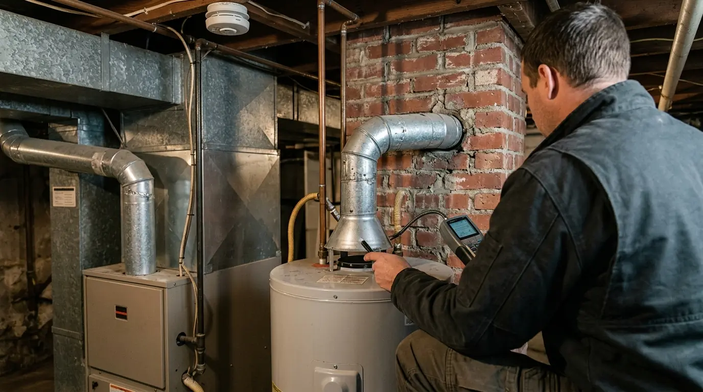 Technician measuring carbon monoxide at a water heater draft hood