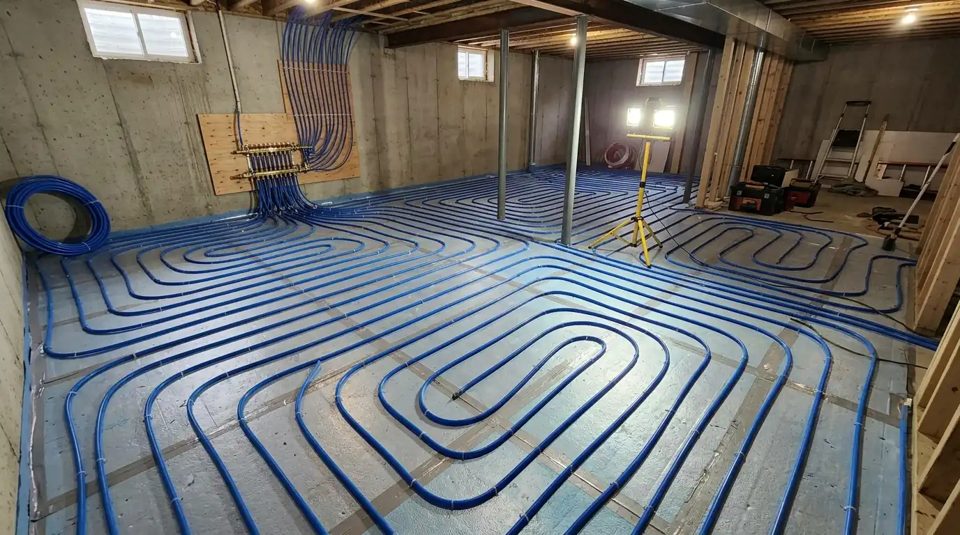PEX radiant floor loops laid out before a concrete pour