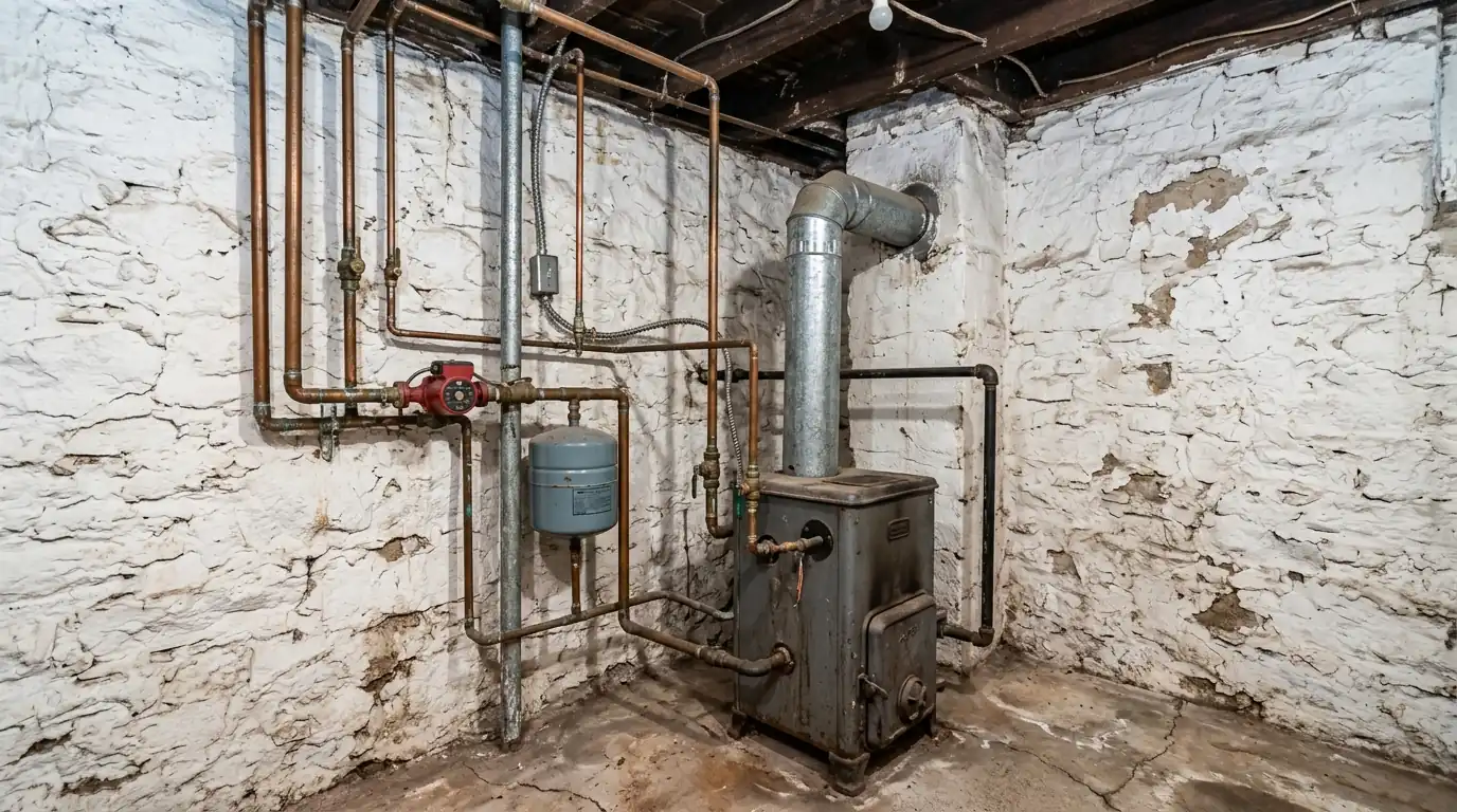 Gas boiler with circulator pump in an older basement