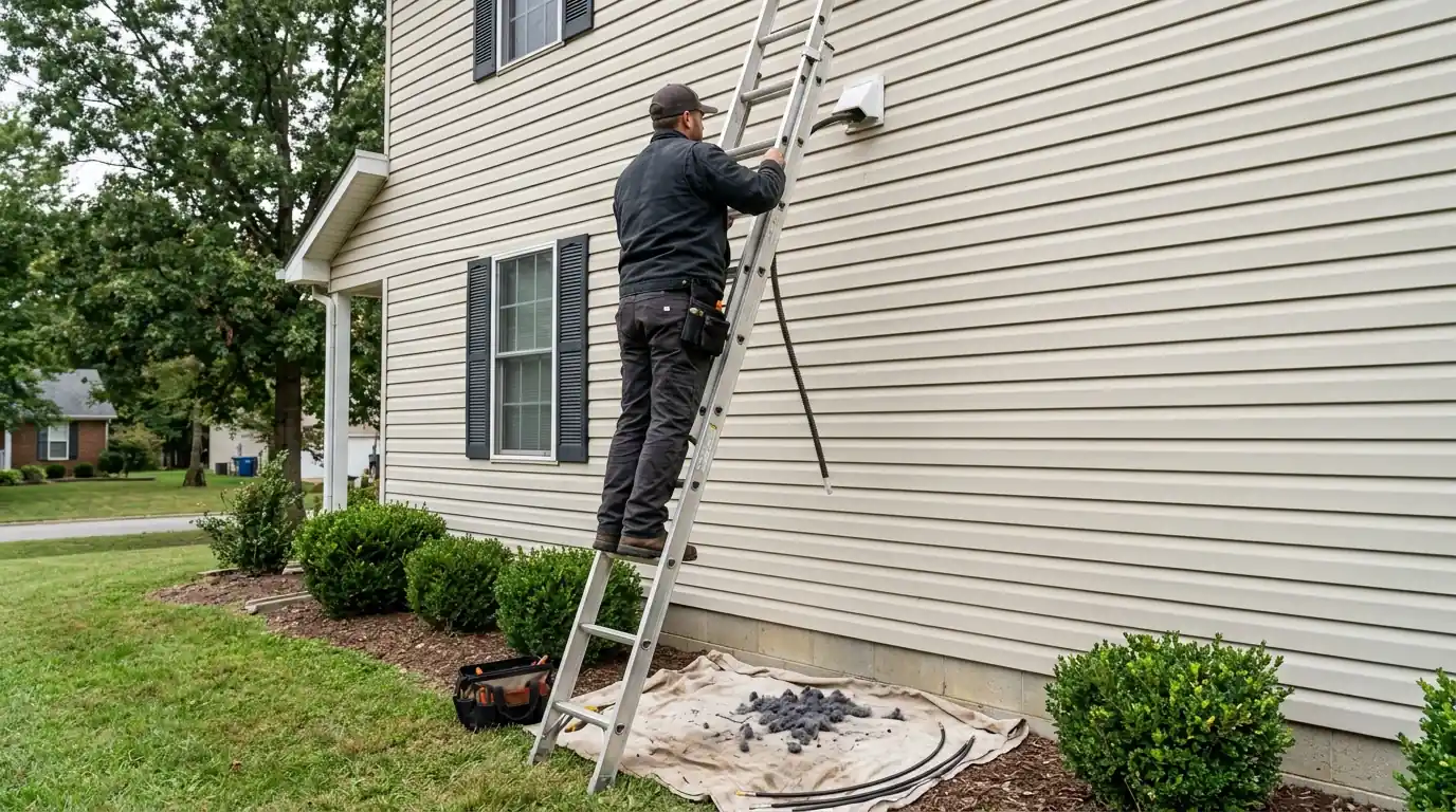 Technician clearing lint from an exterior dryer vent hood