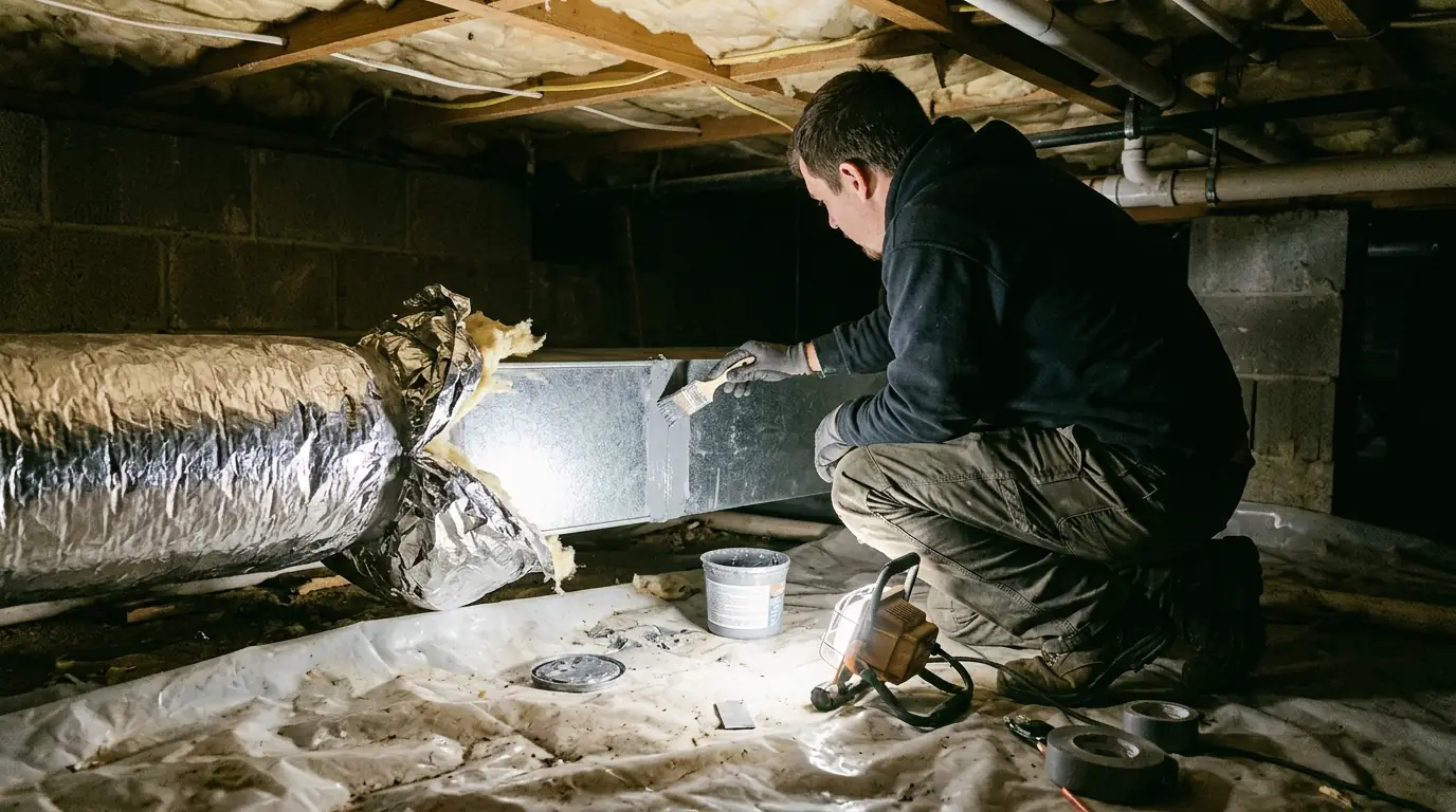 Technician sealing a crawlspace duct joint with brushed mastic
