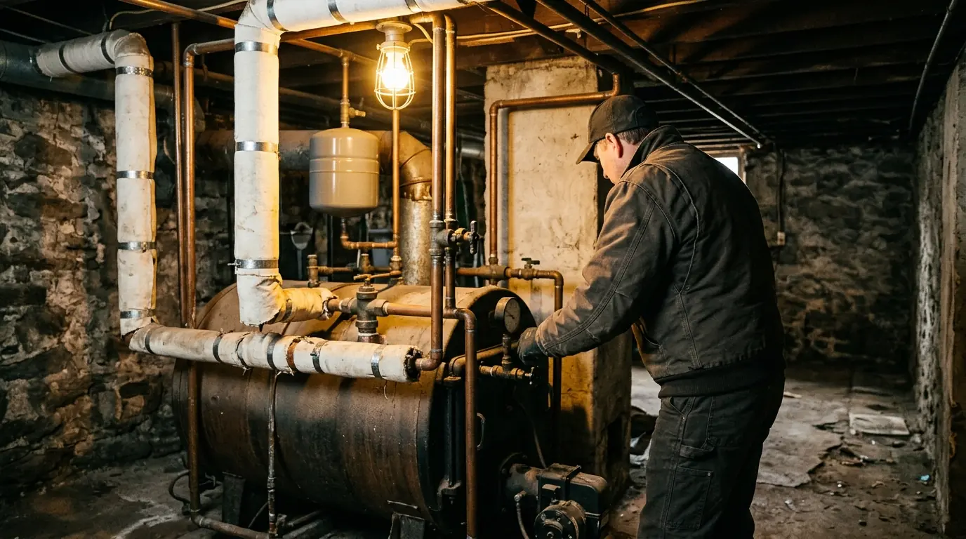 Technician checking the pressure gauge on an older basement boiler