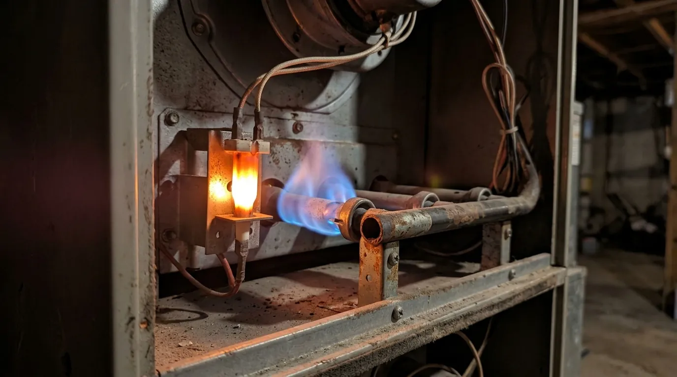 Furnace igniter glowing beside the gas burners