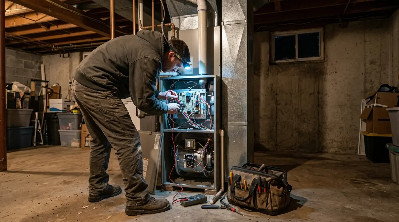 Technician diagnosing a furnace during a nighttime emergency visit