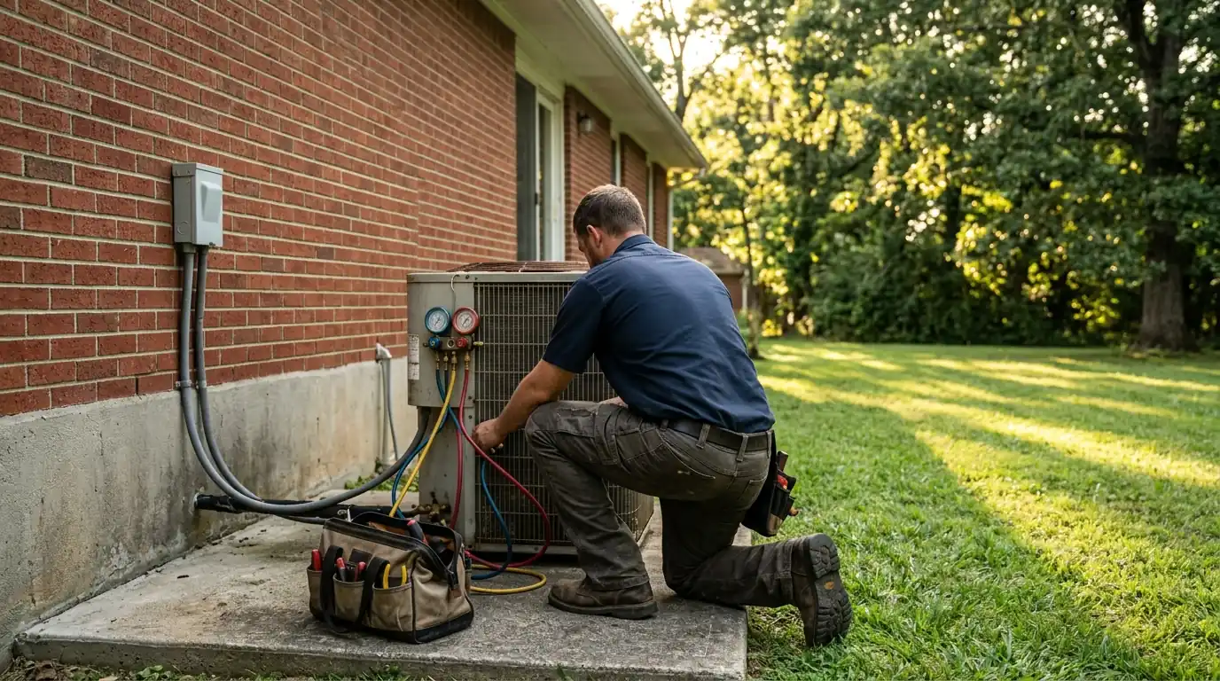 Technician testing an outdoor AC condenser behind a brick ranch home