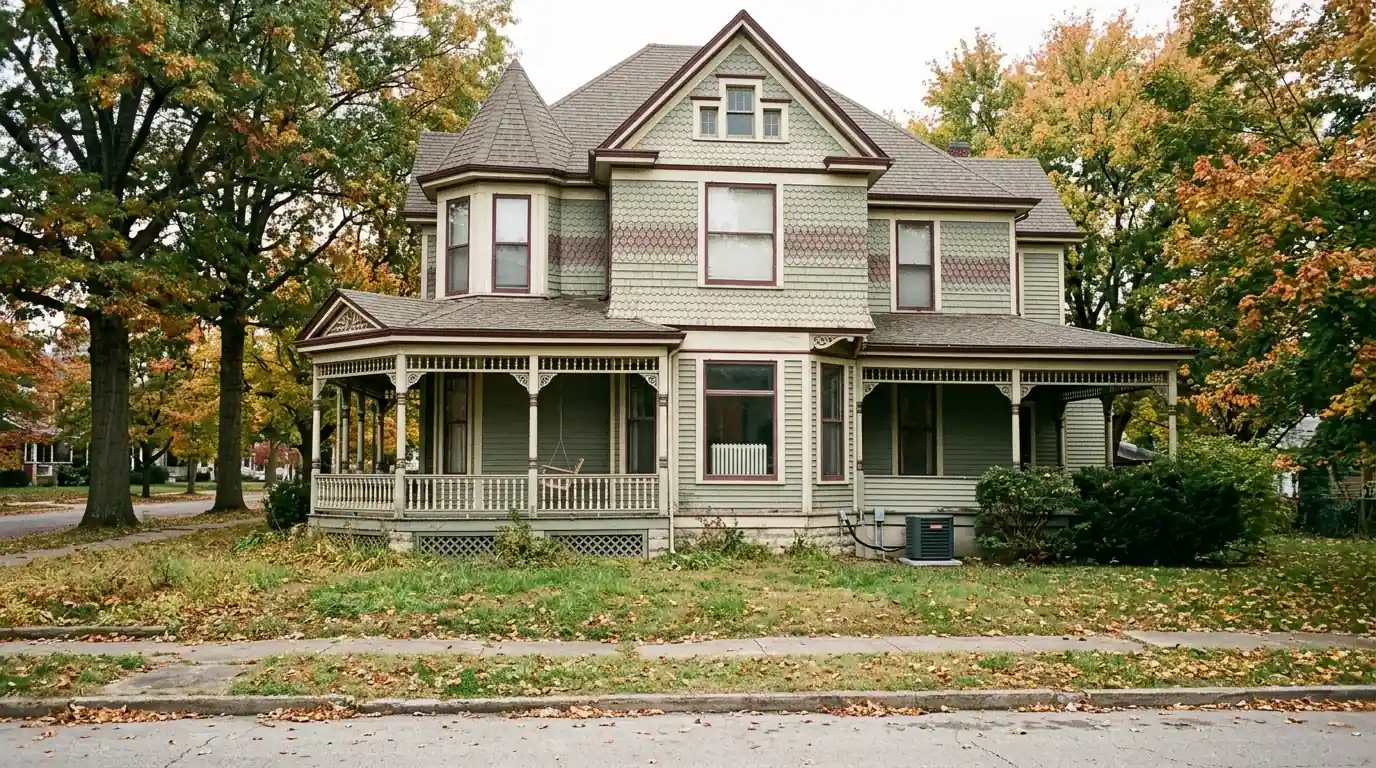 Queen Anne house with a wraparound porch and a compact outdoor cooling unit