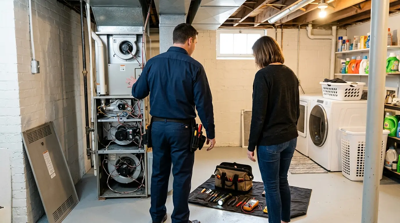 Technician explaining a furnace repair to a homeowner