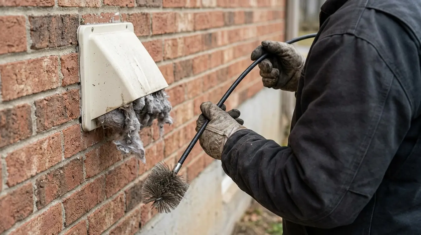 Lint-clogged dryer vent hood on a brick wall