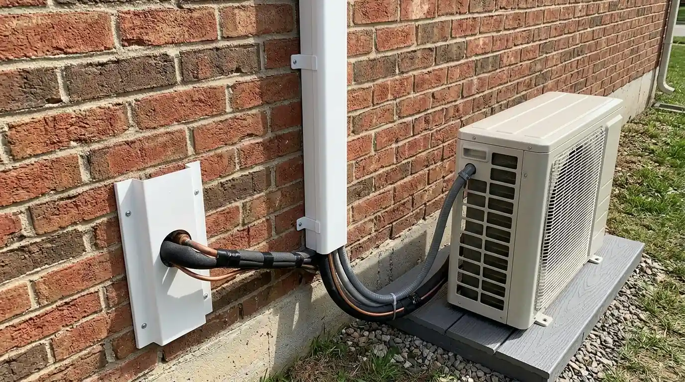 Line set cover running down a brick wall to a mini split