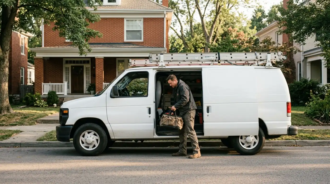 Unmarked service van parked at a brick home