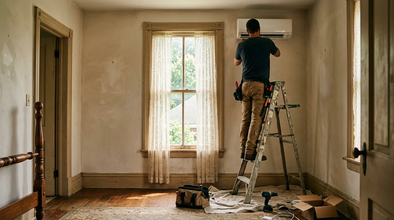 Technician servicing a mini split in an upstairs bedroom of an older house