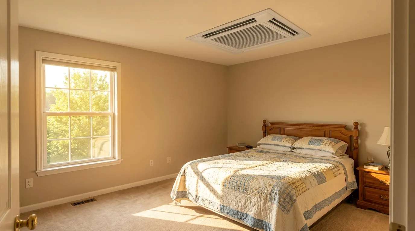 Sunlit upstairs bedroom with a ceiling supply vent on a hot afternoon