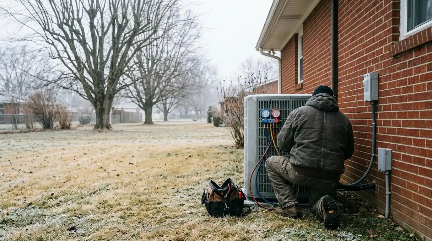 Technician checking a frosted heat pump beside a brick ranch house
