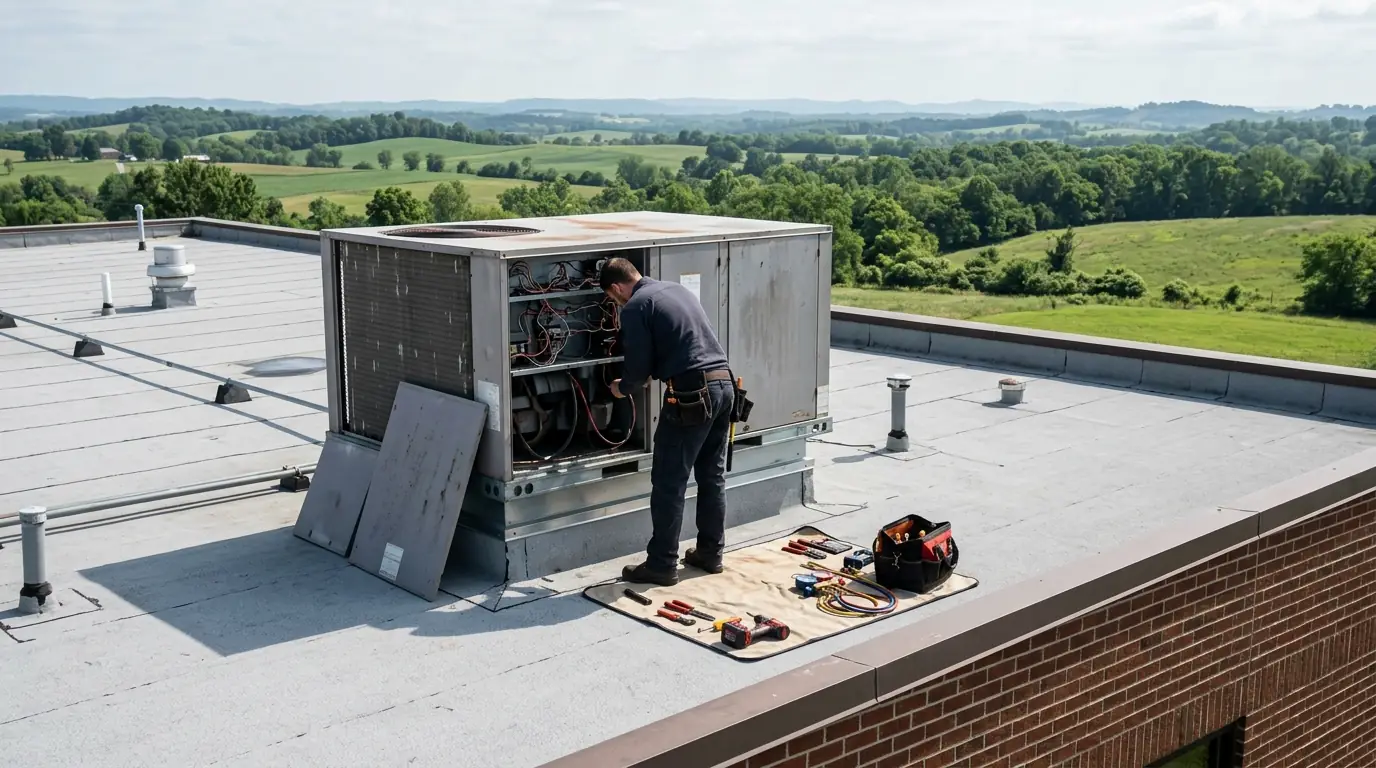 Technician servicing a packaged rooftop unit on a small commercial building