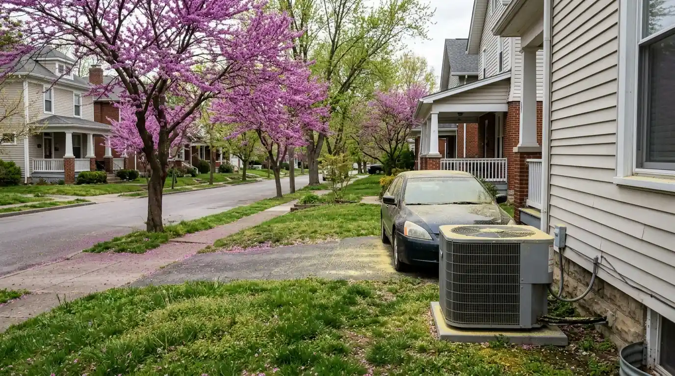 Redbud trees and spring pollen on a residential street