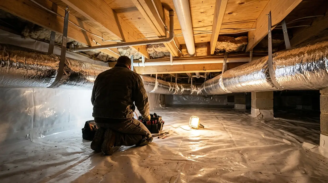 New insulated ductwork hung beneath a ranch home in a crawlspace
