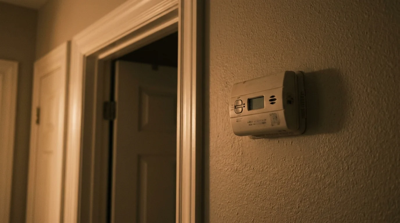 Carbon monoxide alarm on a hallway wall
