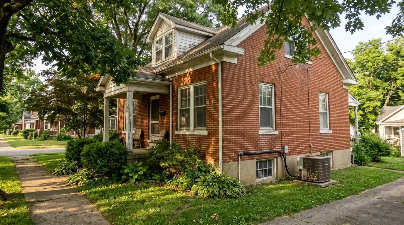 Two-story 1920s brick house with an air conditioner beside the foundation
