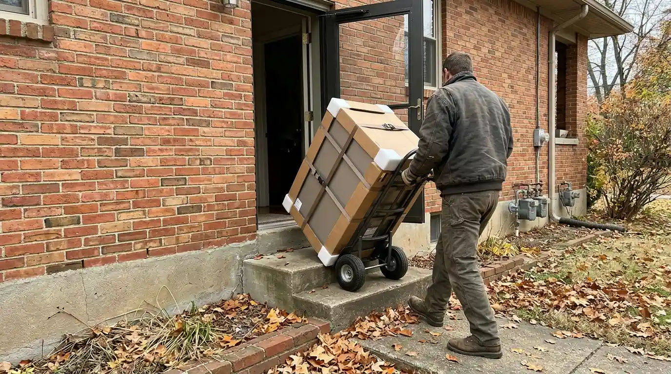 Technician moving a new furnace into a home